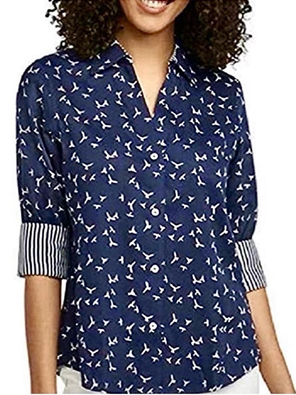 Foxcroft Navy with White Bird Print Tailored Button-Down Shirt Top Size L NWOT